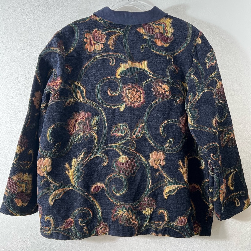 Susan Graver Floral Tapestry Button Up Suede Collar Navy Blue Blazer Jacket 1X - Picture 3 of 7